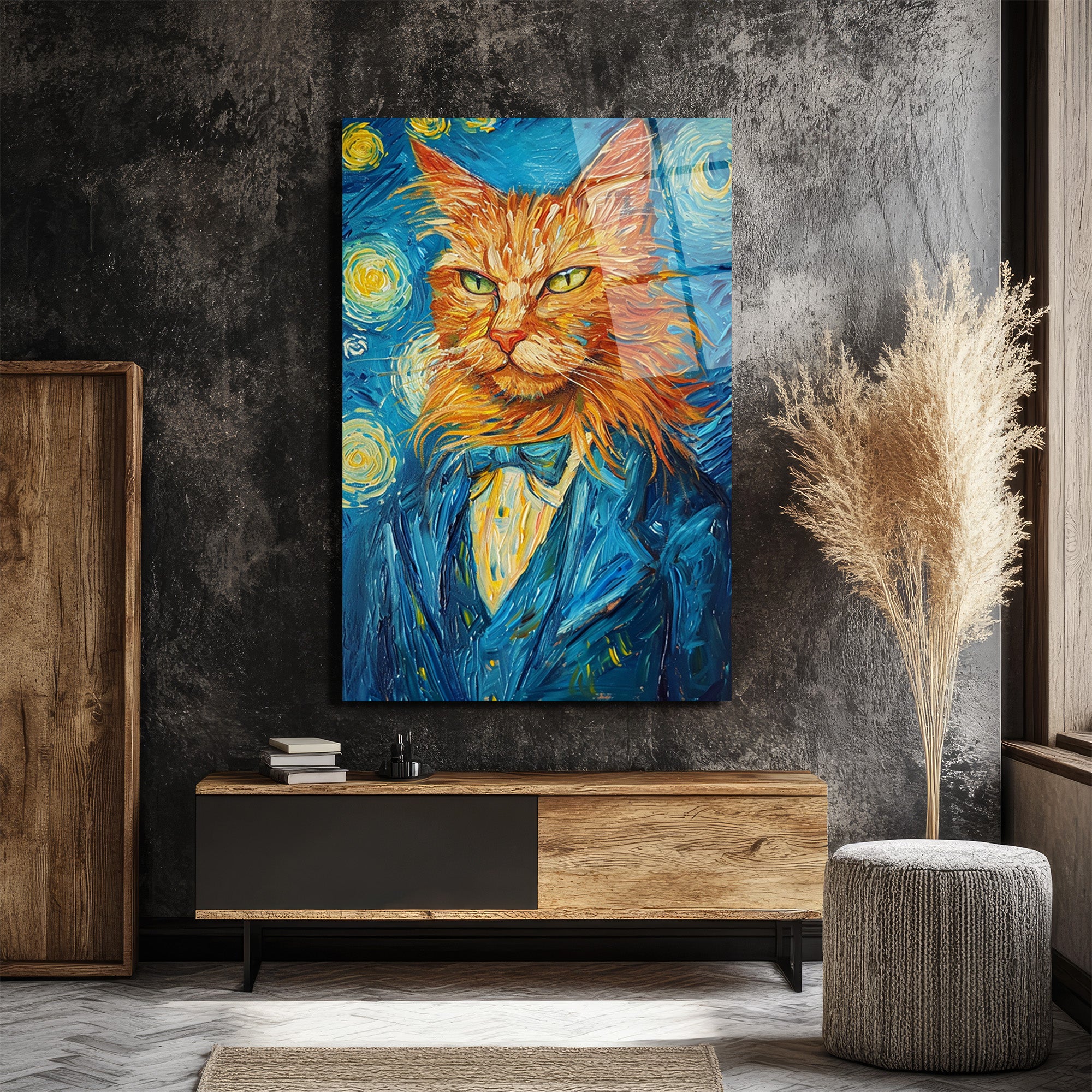 Van Gogh Tarzı Smokinli Kedi Cam Tablo: Sanat ve Asaletin Buluştuğu Eser