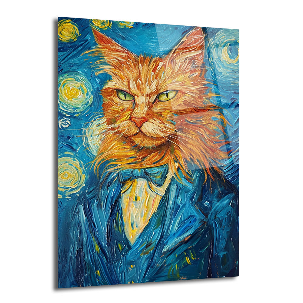 Van Gogh'un Yıldızlı Gece tablosu stilinde, mavi takım elbiseli ve papyonlu, turuncu tüylü, yeşil gözlü asil bir kedinin portresi.