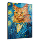 Van Gogh'un Yıldızlı Gece tablosu stilinde, mavi takım elbiseli ve papyonlu, turuncu tüylü, yeşil gözlü asil bir kedinin portresi.