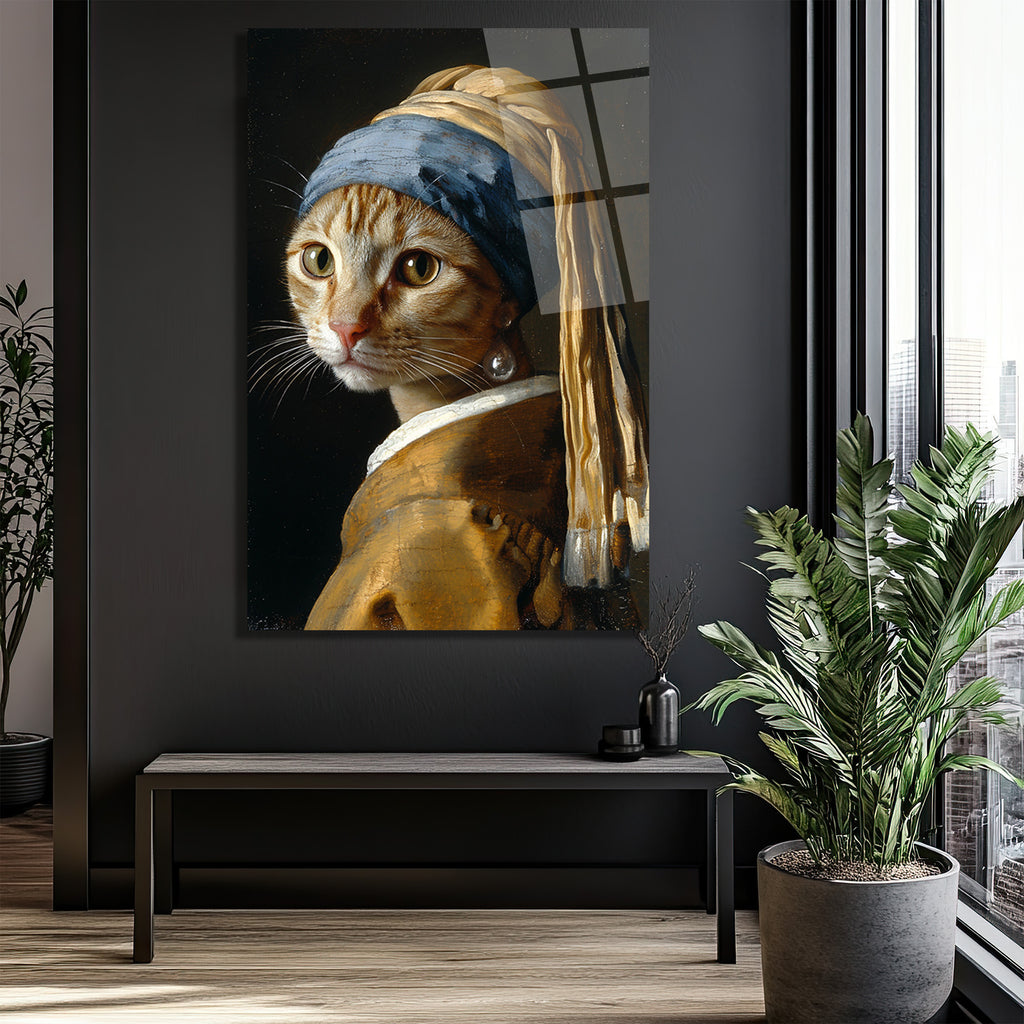 İnci Küpeli Kedi Cam Tablo - Sanatsal ve Eğlenceli Duvar Sanatı