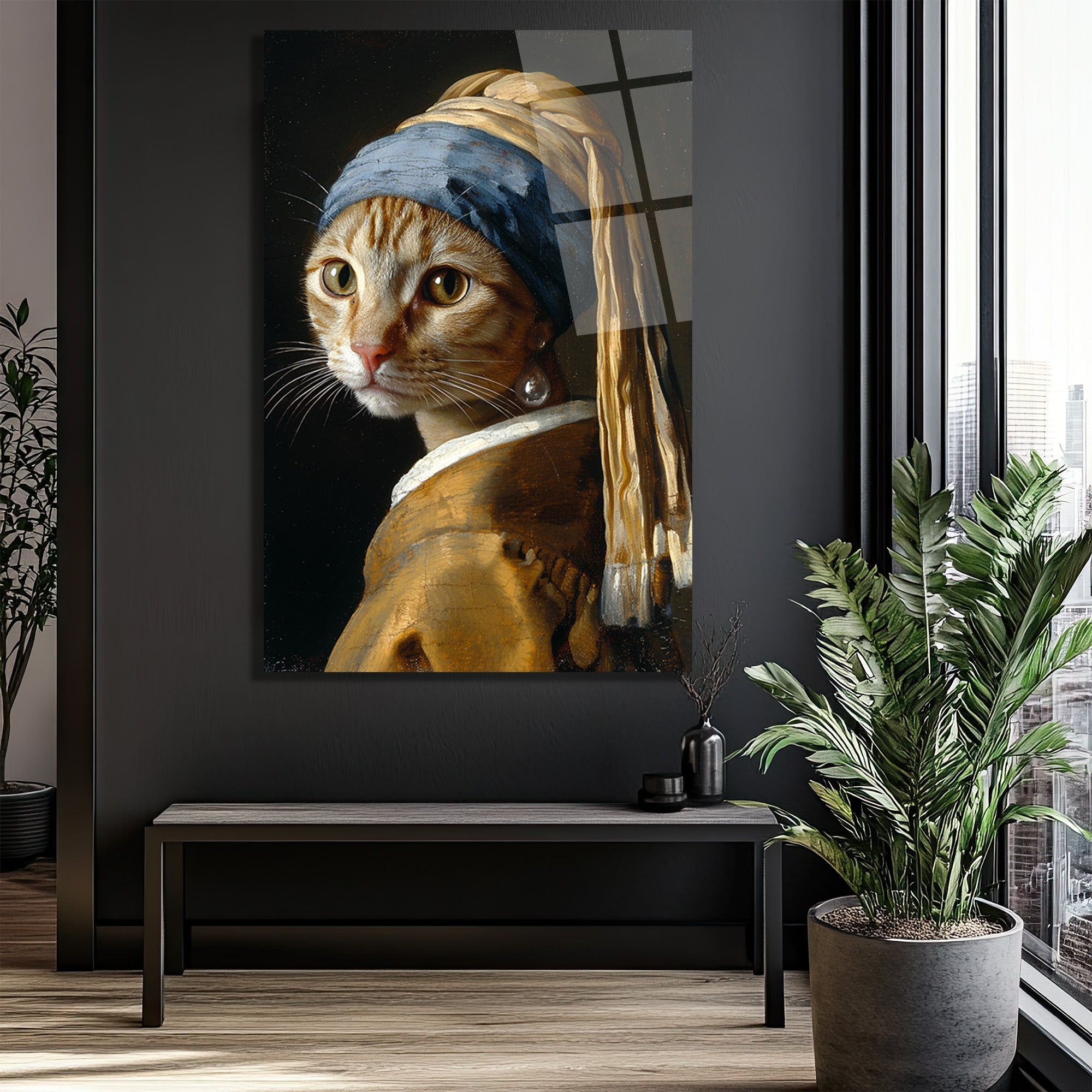 İnci Küpeli Kedi Cam Tablo - Sanatsal ve Eğlenceli Duvar Sanatı