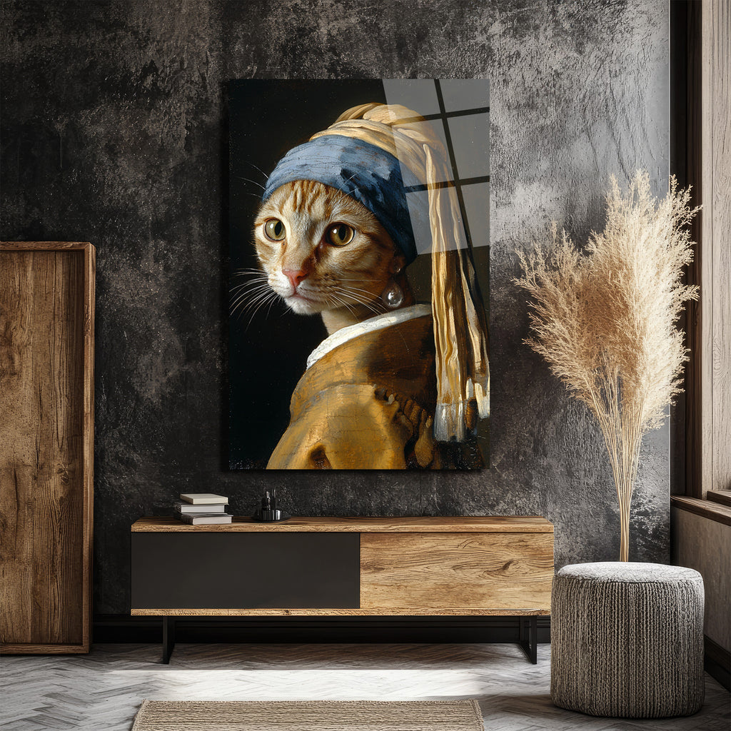 İnci Küpeli Kedi Cam Tablo - Sanatsal ve Eğlenceli Duvar Sanatı