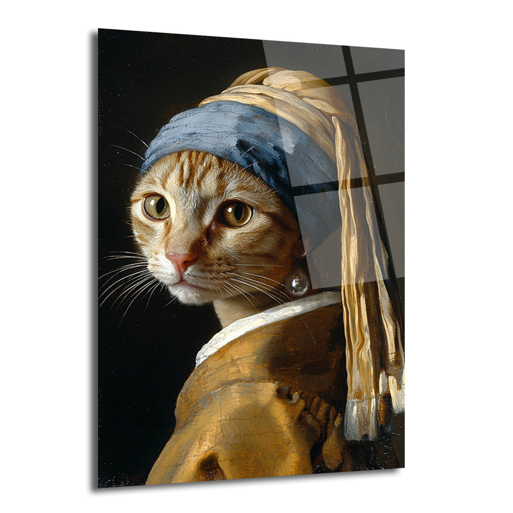 Johannes Vermeer'in İnci Küpeli Kız tablosunun komik bir parodisi olan, mavi ve sarı türban takmış, inci küpeli, turuncu çizgili bir kedinin portresi.
