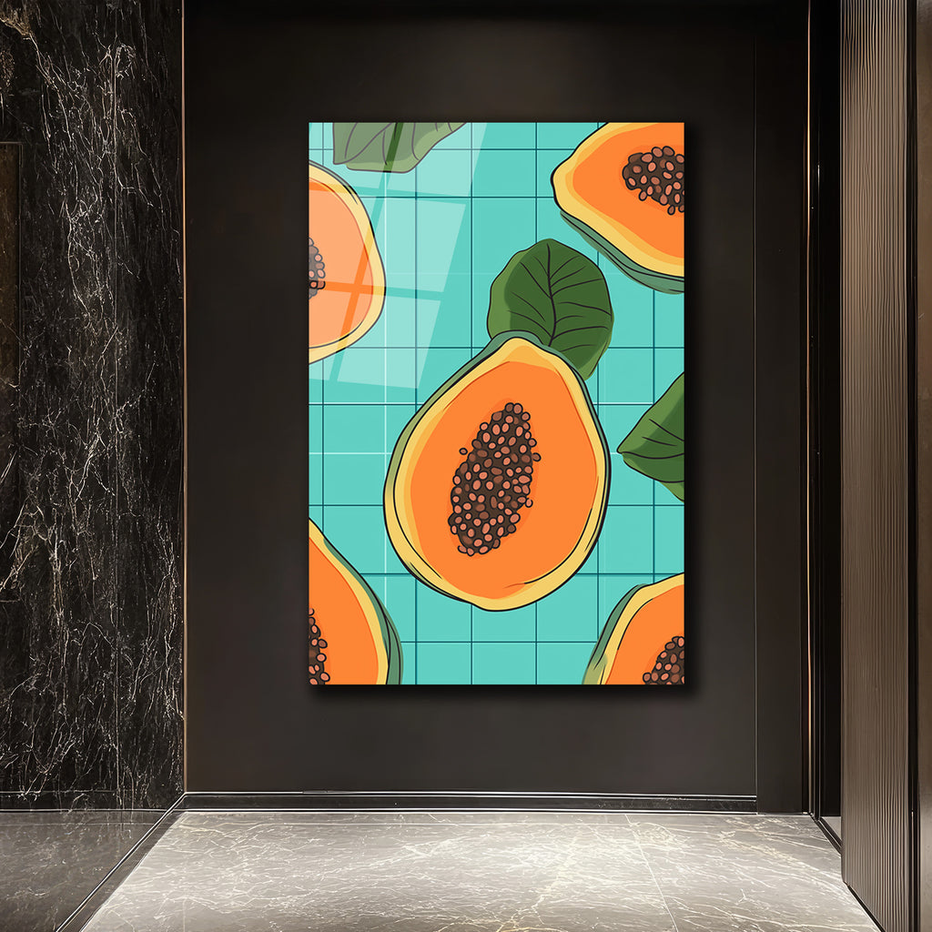 Tropikal Papaya Dilimleri Modern Cam Tablo