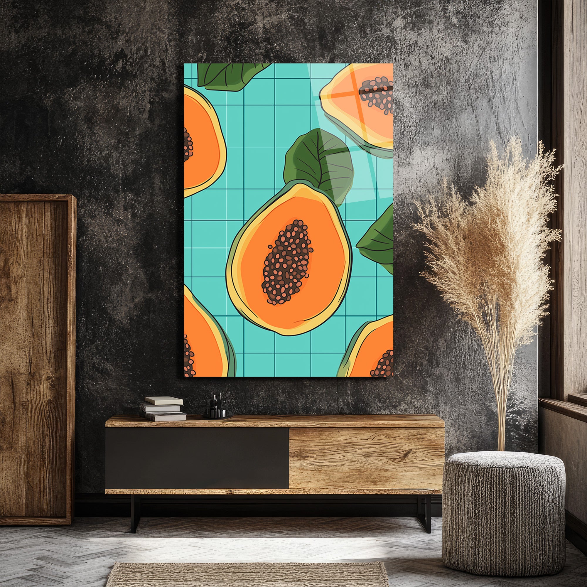 Tropikal Papaya Dilimleri Modern Cam Tablo