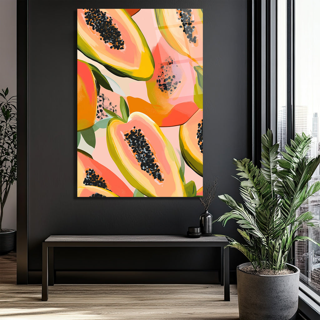 Tropikal Papaya Dilimleri Cam Tablo - Canlı Renklerle Evine Enerji Kat