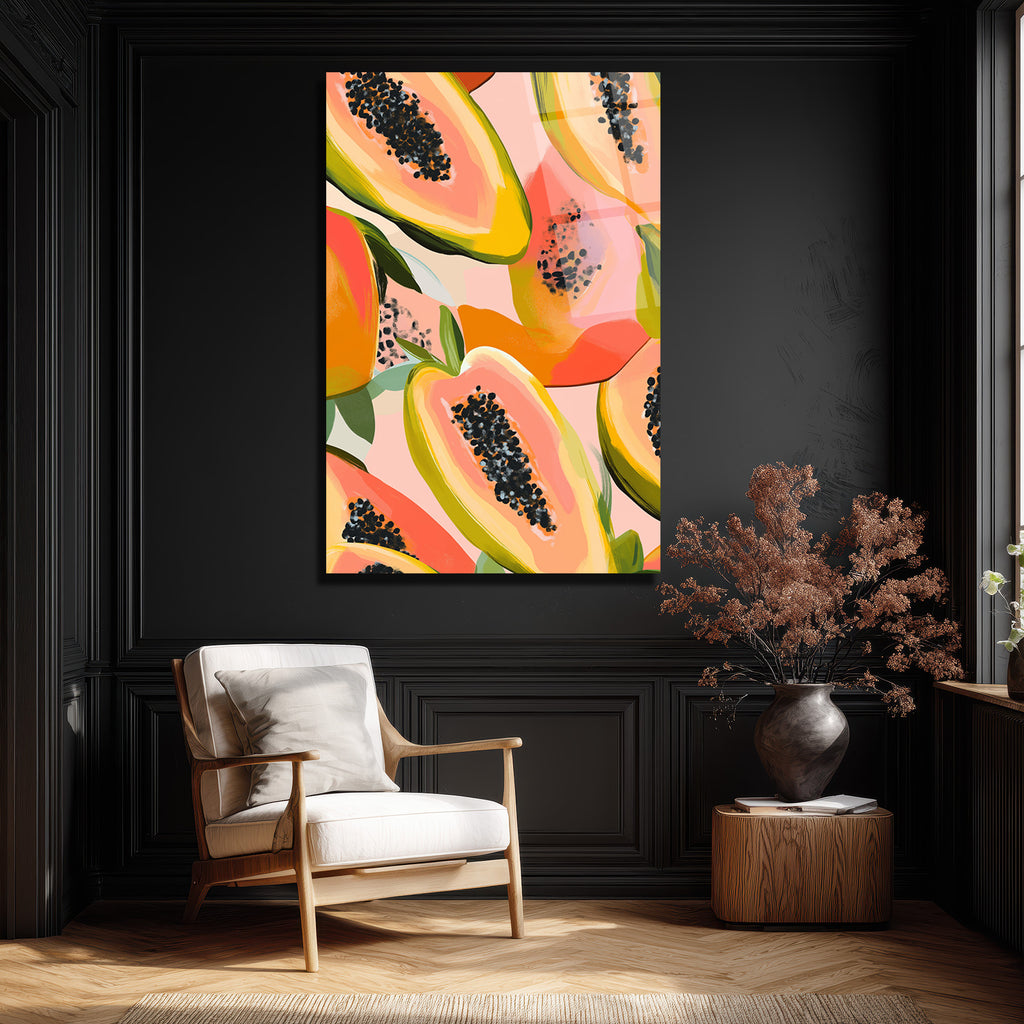 Tropikal Papaya Dilimleri Cam Tablo - Canlı Renklerle Evine Enerji Kat