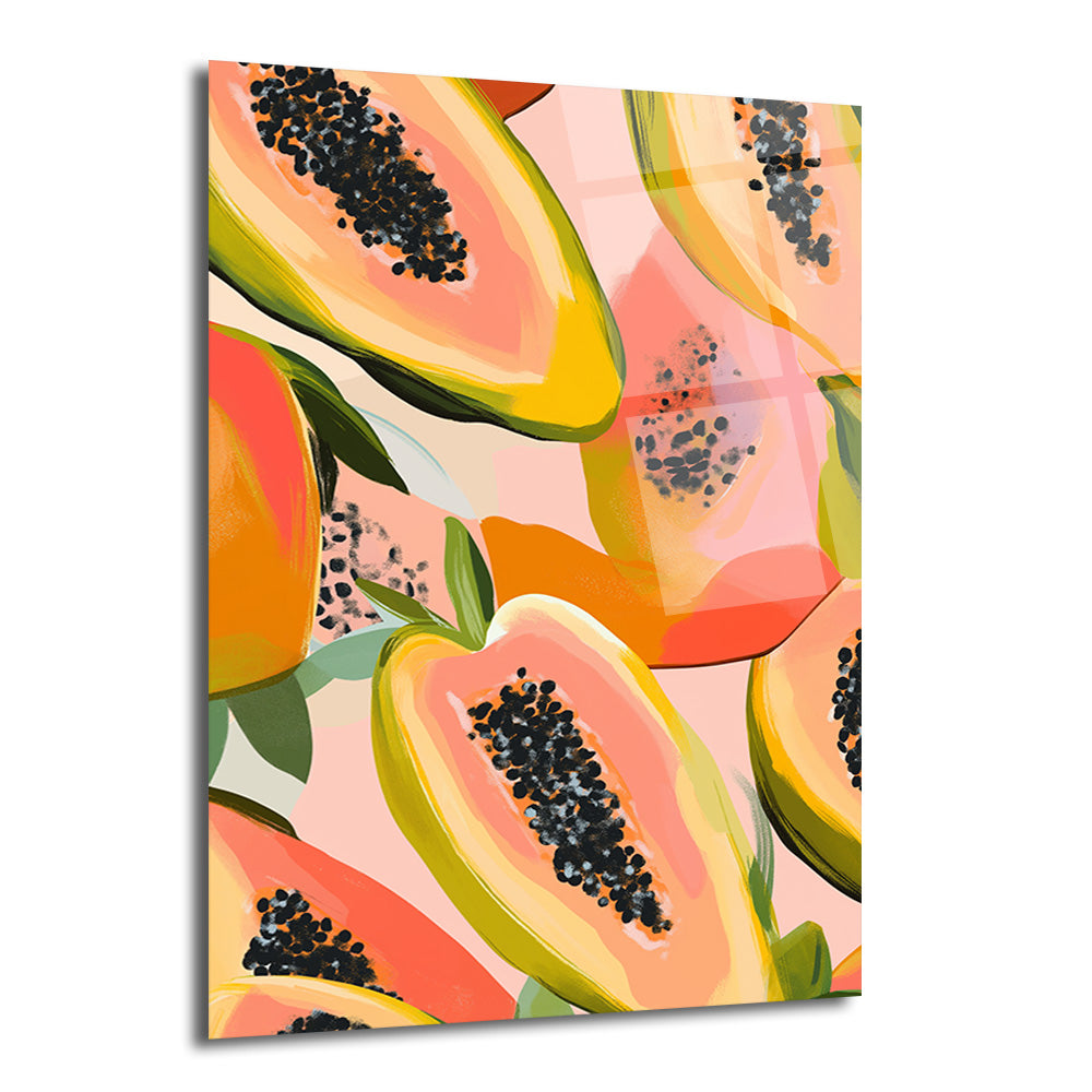 Canlı pembe, turuncu ve yeşil tonlarında, siyah çekirdekli kesilmiş papaya dilimlerinin modern ve sanatsal deseniyle oluşturulmuş cam tablo.