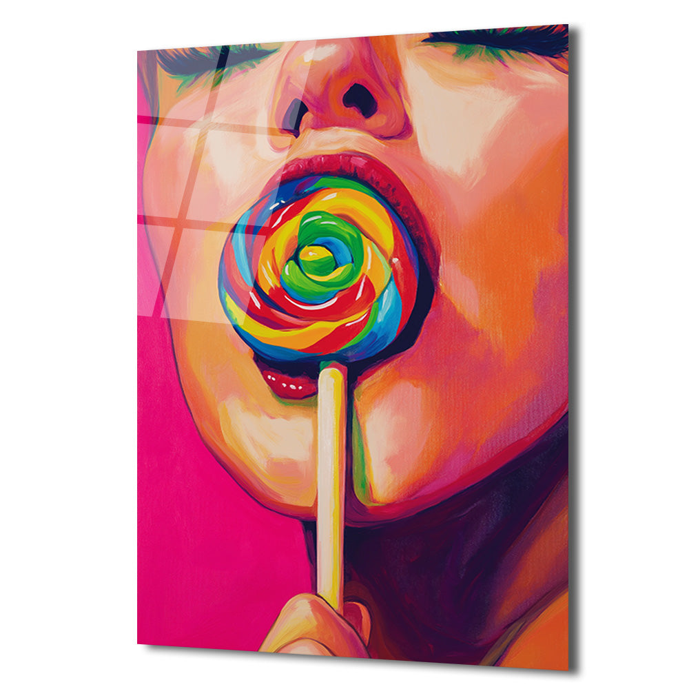 Gökkuşağı Lolipoplu Pop Art Kadın Cam Tablo - Canlı Renklerin Dansı