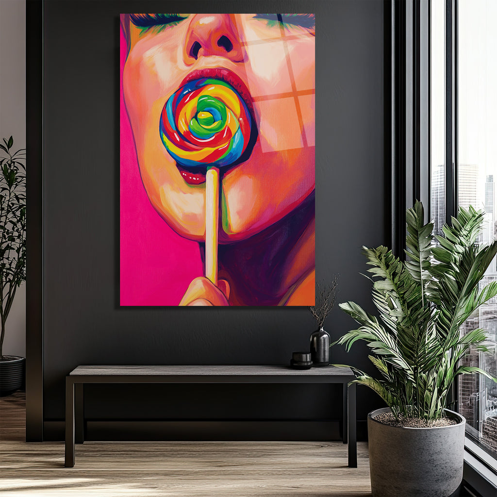 Gökkuşağı Lolipoplu Pop Art Kadın Cam Tablo - Canlı Renklerin Dansı