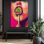 Gökkuşağı Lolipoplu Pop Art Kadın Cam Tablo - Canlı Renklerin Dansı