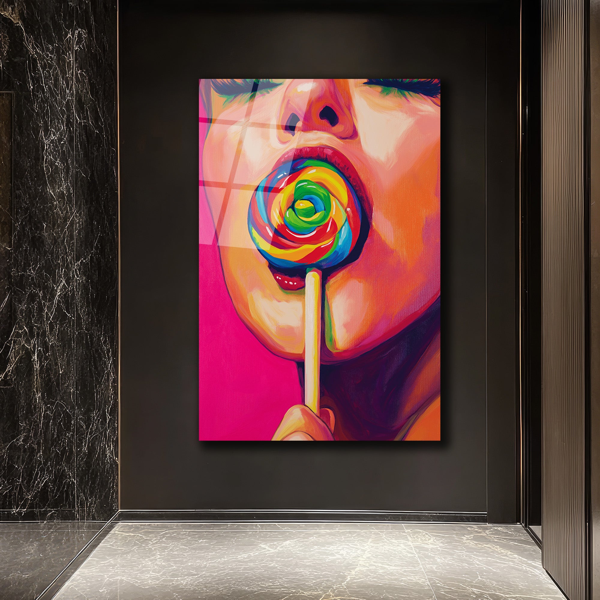 Gökkuşağı Lolipoplu Pop Art Kadın Cam Tablo - Canlı Renklerin Dansı