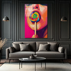 Gökkuşağı Lolipoplu Pop Art Kadın Cam Tablo - Canlı Renklerin Dansı