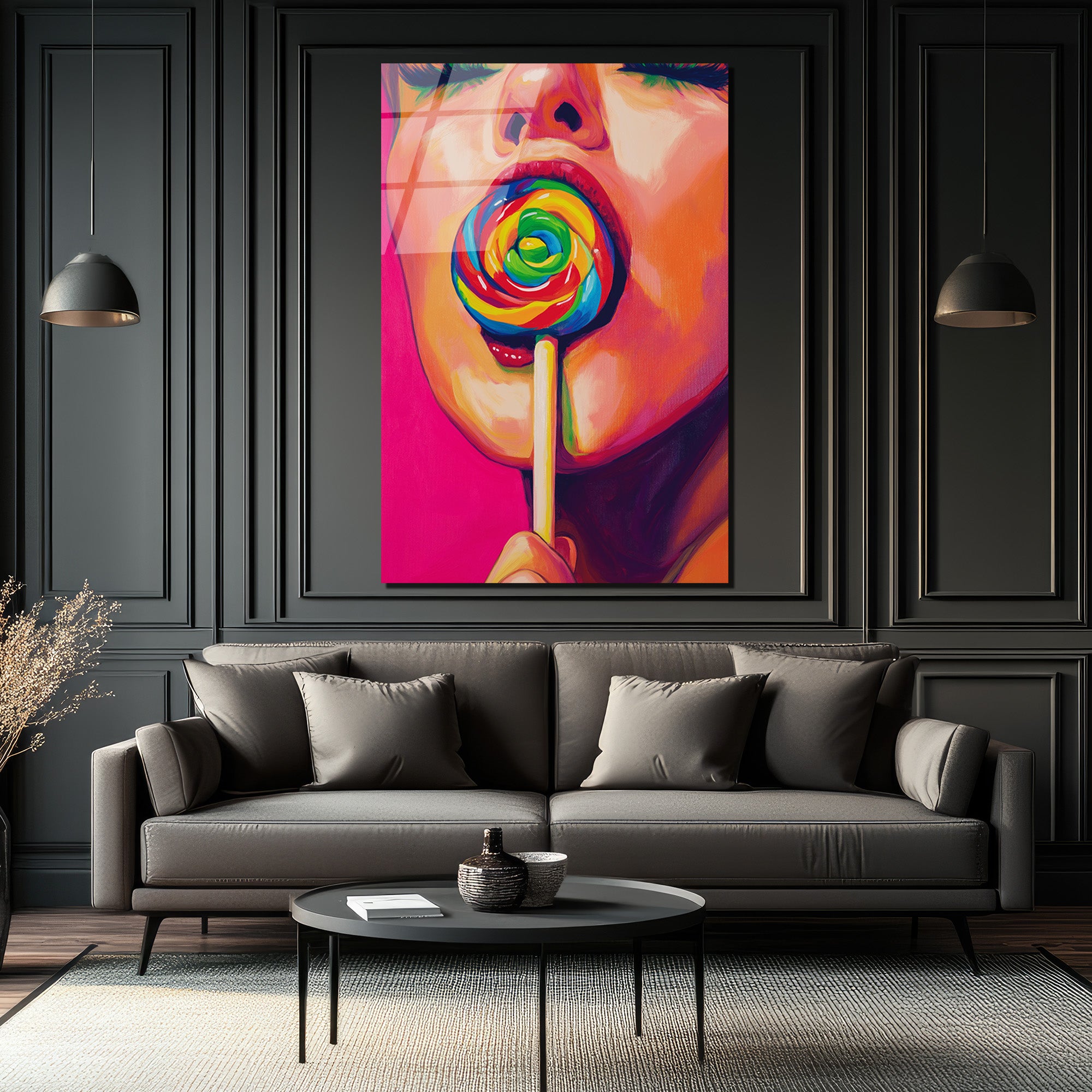 Gökkuşağı Lolipoplu Pop Art Kadın Cam Tablo - Canlı Renklerin Dansı