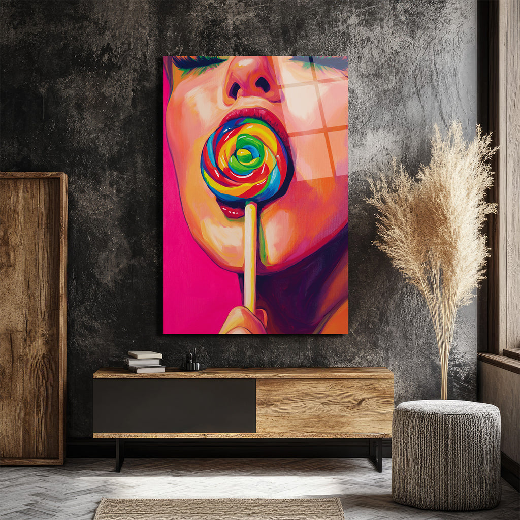 Gökkuşağı Lolipoplu Pop Art Kadın Cam Tablo - Canlı Renklerin Dansı