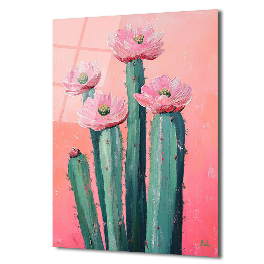 Çiçek Açan Kaktüsler Cam Tablo - Pembe Enerjiyle Modern Sanat