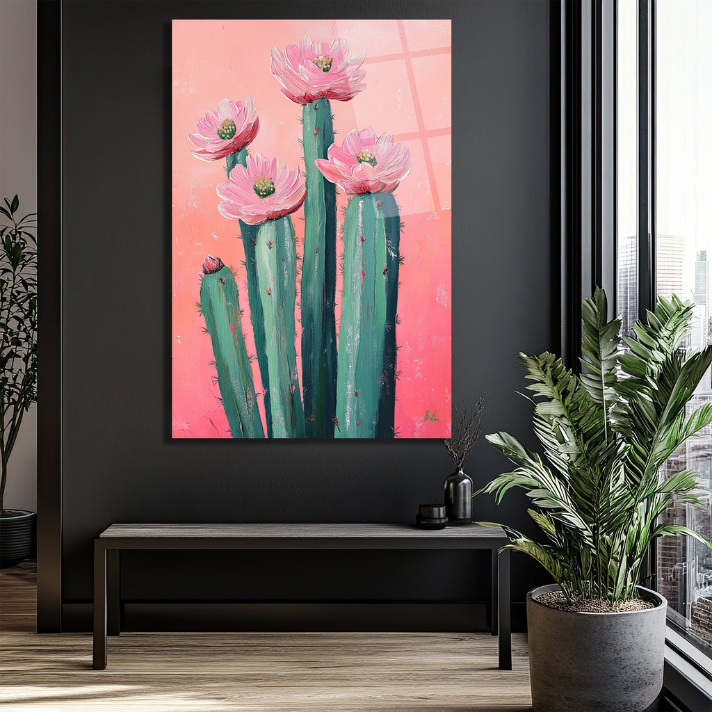Çiçek Açan Kaktüsler Cam Tablo - Pembe Enerjiyle Modern Sanat