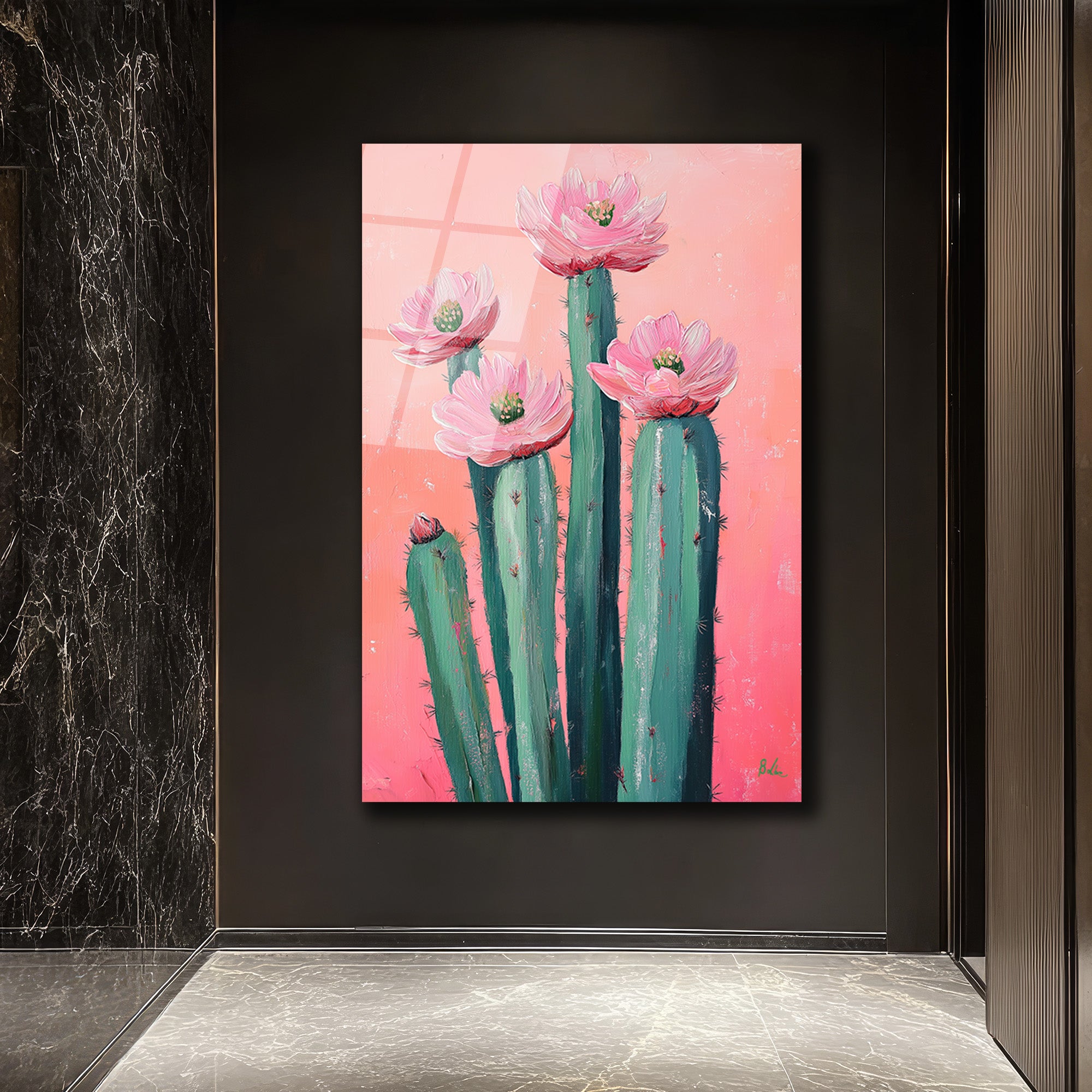 Çiçek Açan Kaktüsler Cam Tablo - Pembe Enerjiyle Modern Sanat