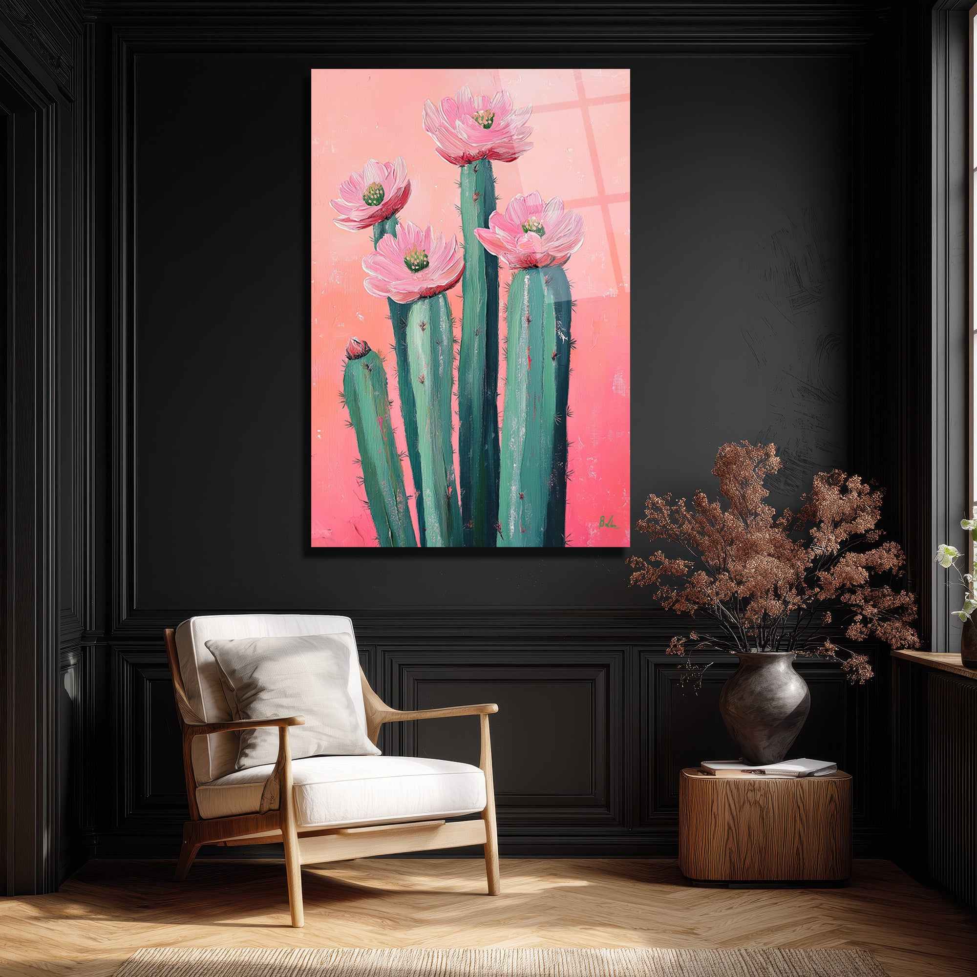 Çiçek Açan Kaktüsler Cam Tablo - Pembe Enerjiyle Modern Sanat