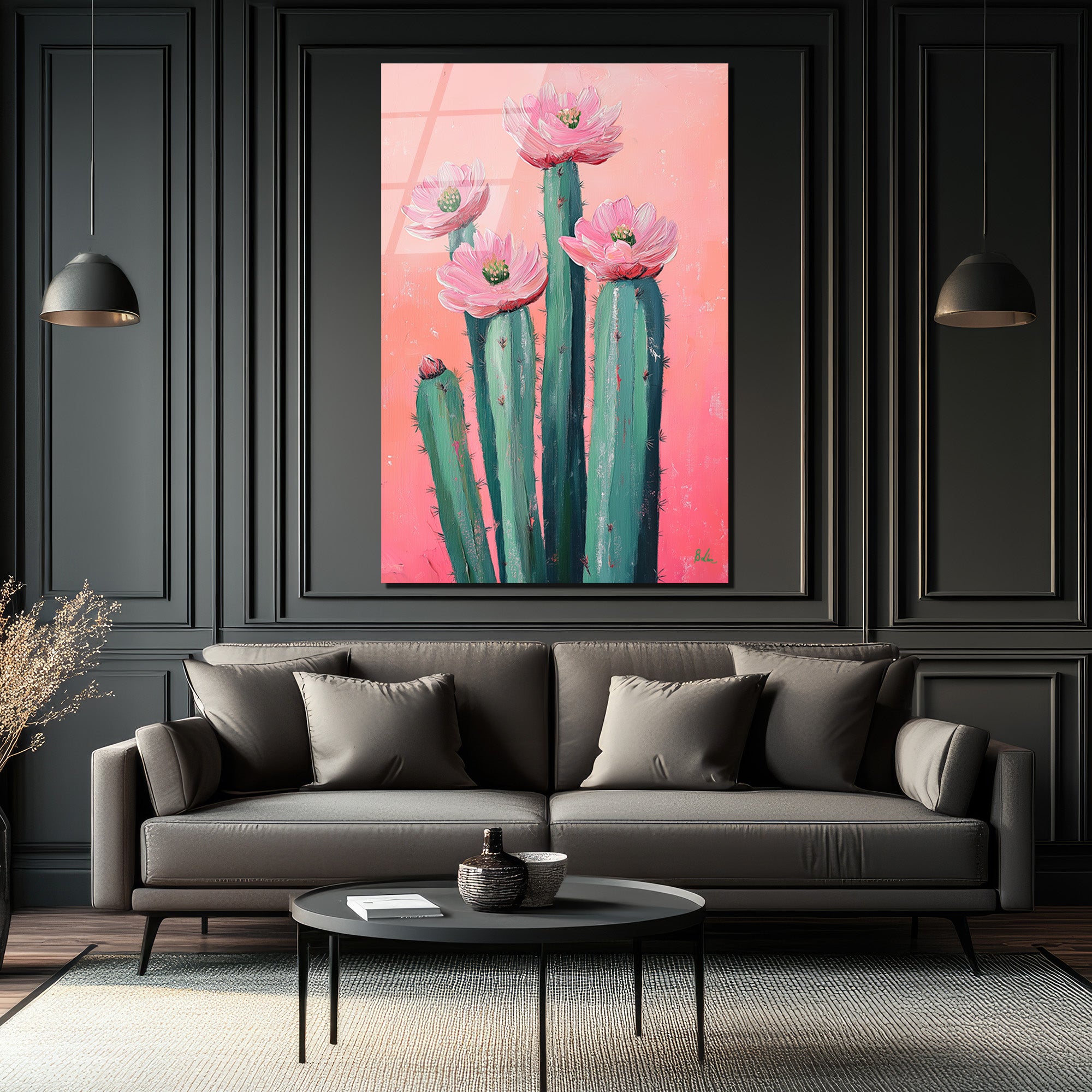 Çiçek Açan Kaktüsler Cam Tablo - Pembe Enerjiyle Modern Sanat