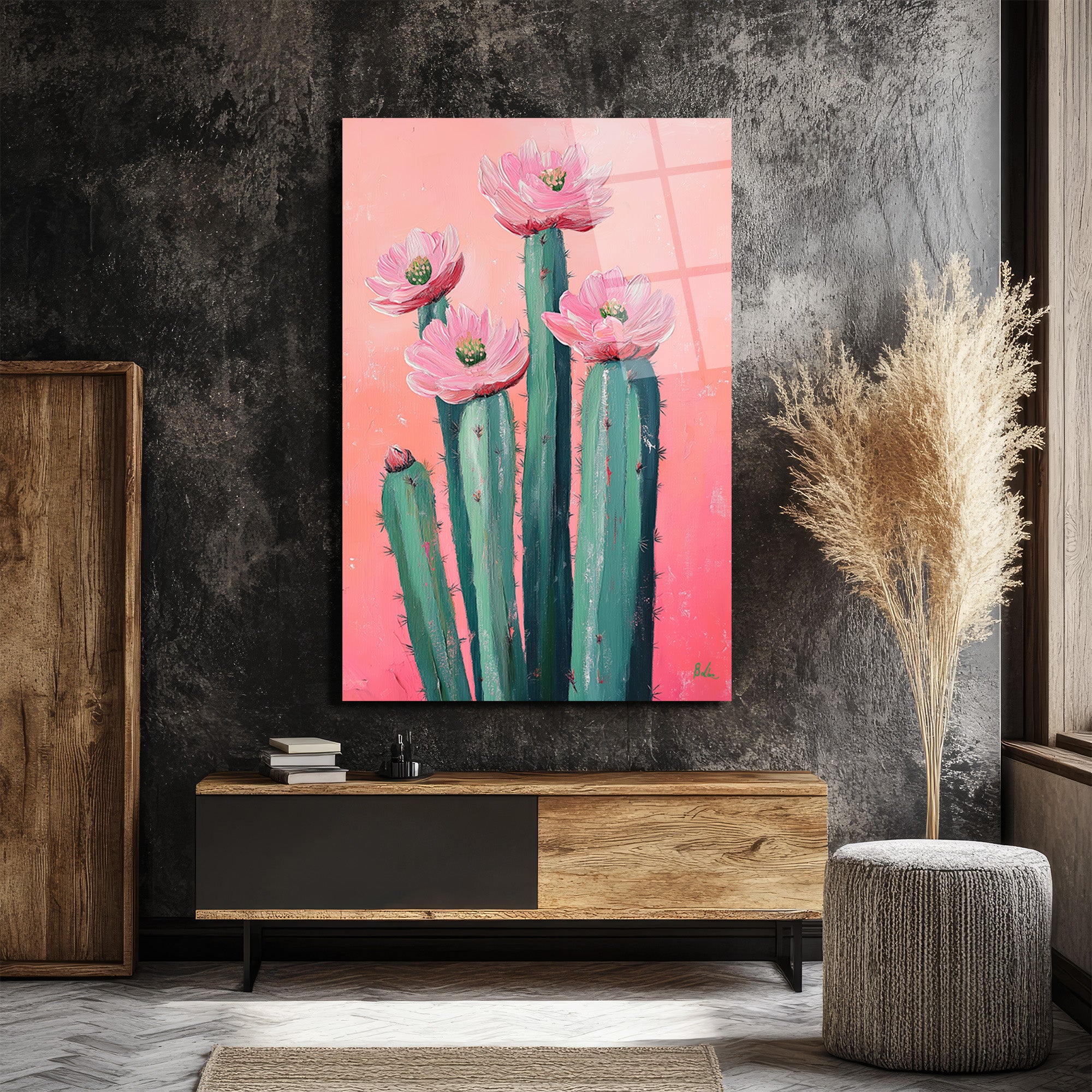 Çiçek Açan Kaktüsler Cam Tablo - Pembe Enerjiyle Modern Sanat