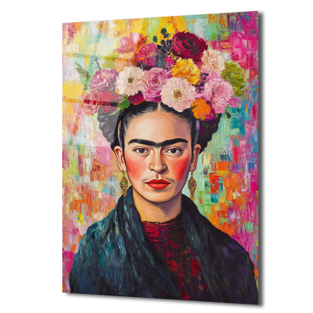 Frida Kahlo Çiçekli Taç Portresi Modern Cam Tablo