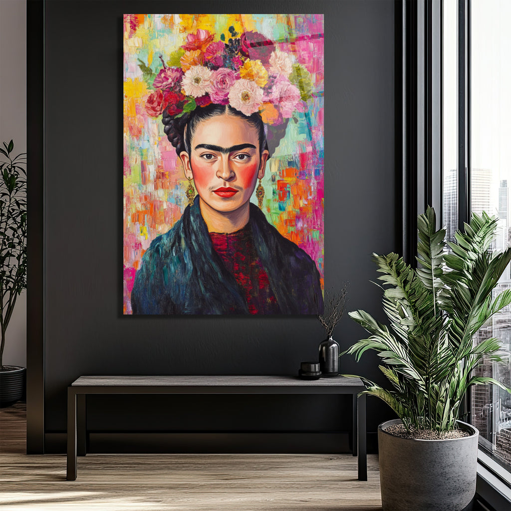 Frida Kahlo Çiçekli Taç Portresi Modern Cam Tablo