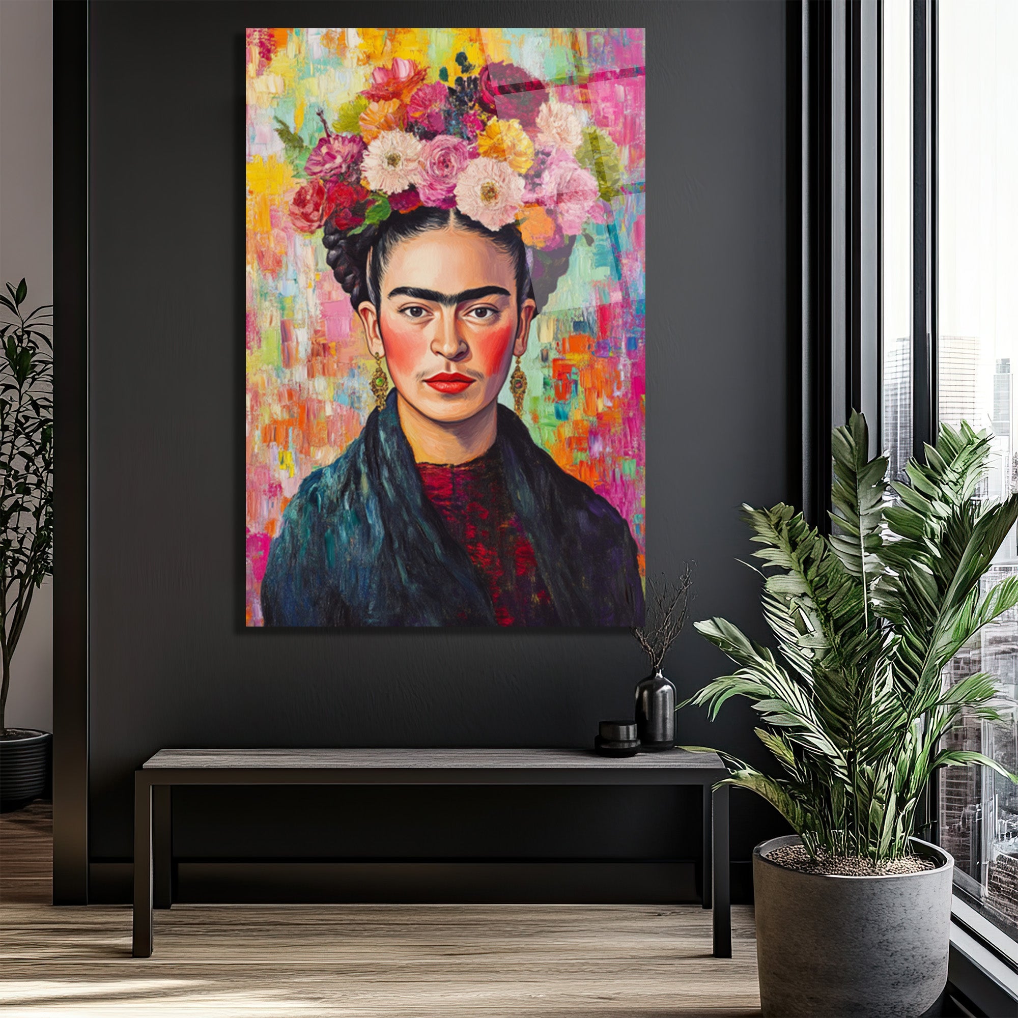 Frida Kahlo Çiçekli Taç Portresi Modern Cam Tablo