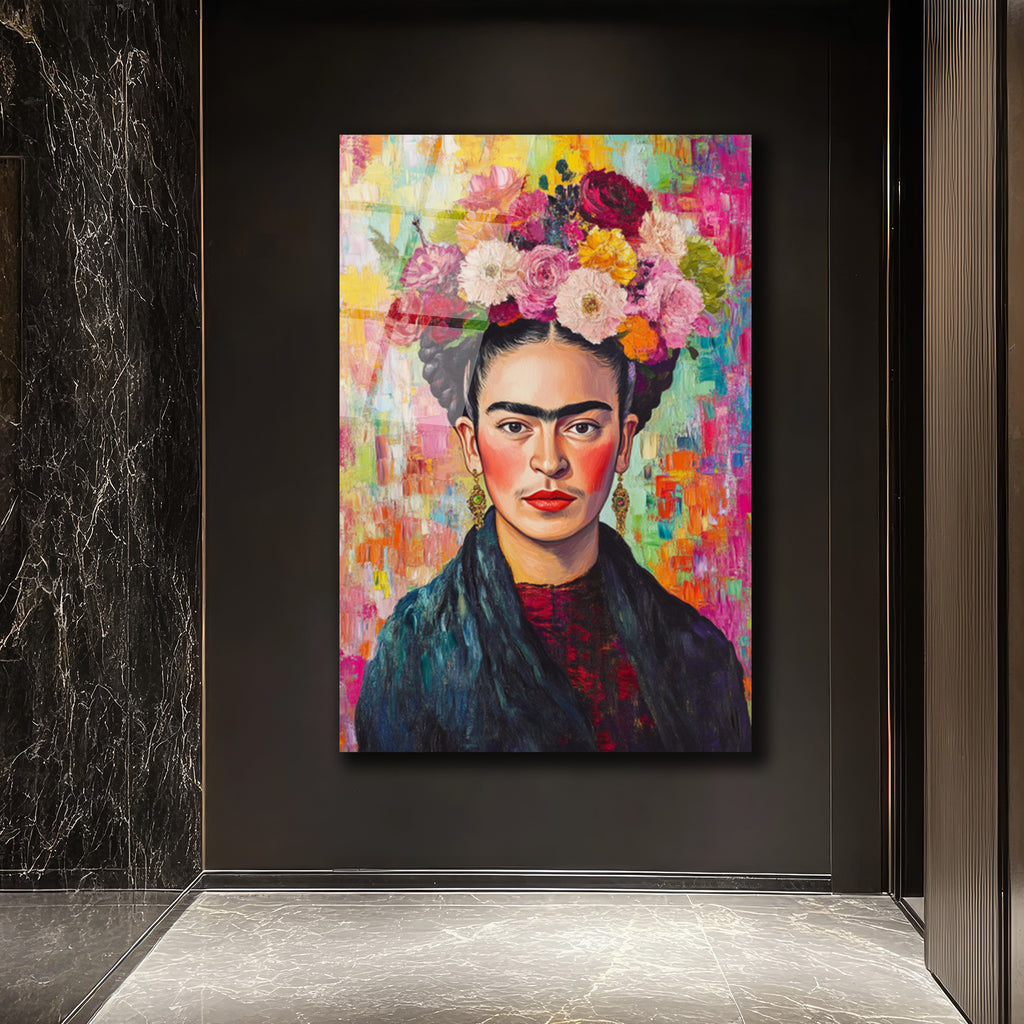 Frida Kahlo Çiçekli Taç Portresi Modern Cam Tablo