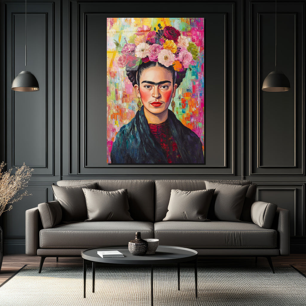 Frida Kahlo Çiçekli Taç Portresi Modern Cam Tablo