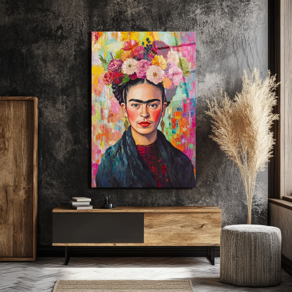 Frida Kahlo Çiçekli Taç Portresi Modern Cam Tablo
