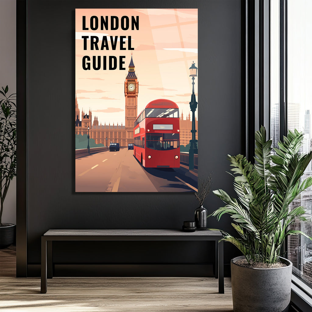 Londra Seyahat Rehberi Temalı Cam Tablo - Big Ben ve Kırmızı Otobüs