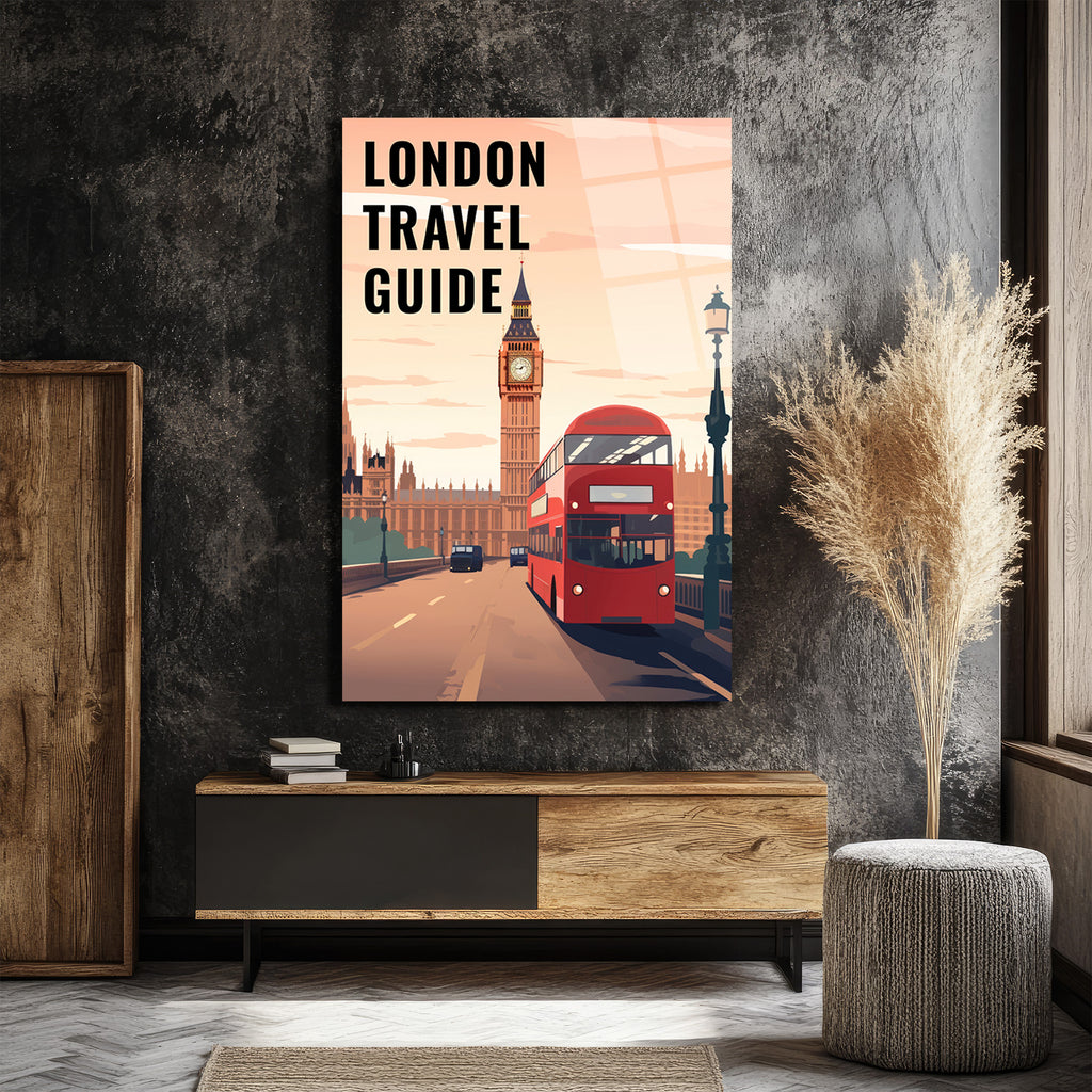 Londra Seyahat Rehberi Temalı Cam Tablo - Big Ben ve Kırmızı Otobüs
