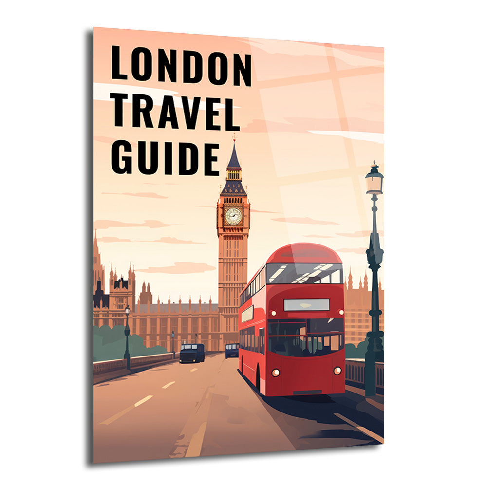 Londra şehir manzarasını gösteren, Big Ben saat kulesi, kırmızı çift katlı otobüs ve 'LONDON TRAVEL GUIDE' yazısını içeren retro tarzı bir cam tablo.