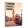 Londra şehir manzarasını gösteren, Big Ben saat kulesi, kırmızı çift katlı otobüs ve 'LONDON TRAVEL GUIDE' yazısını içeren retro tarzı bir cam tablo.