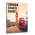 Londra şehir manzarasını gösteren, Big Ben saat kulesi, kırmızı çift katlı otobüs ve 'LONDON TRAVEL GUIDE' yazısını içeren retro tarzı bir cam tablo.