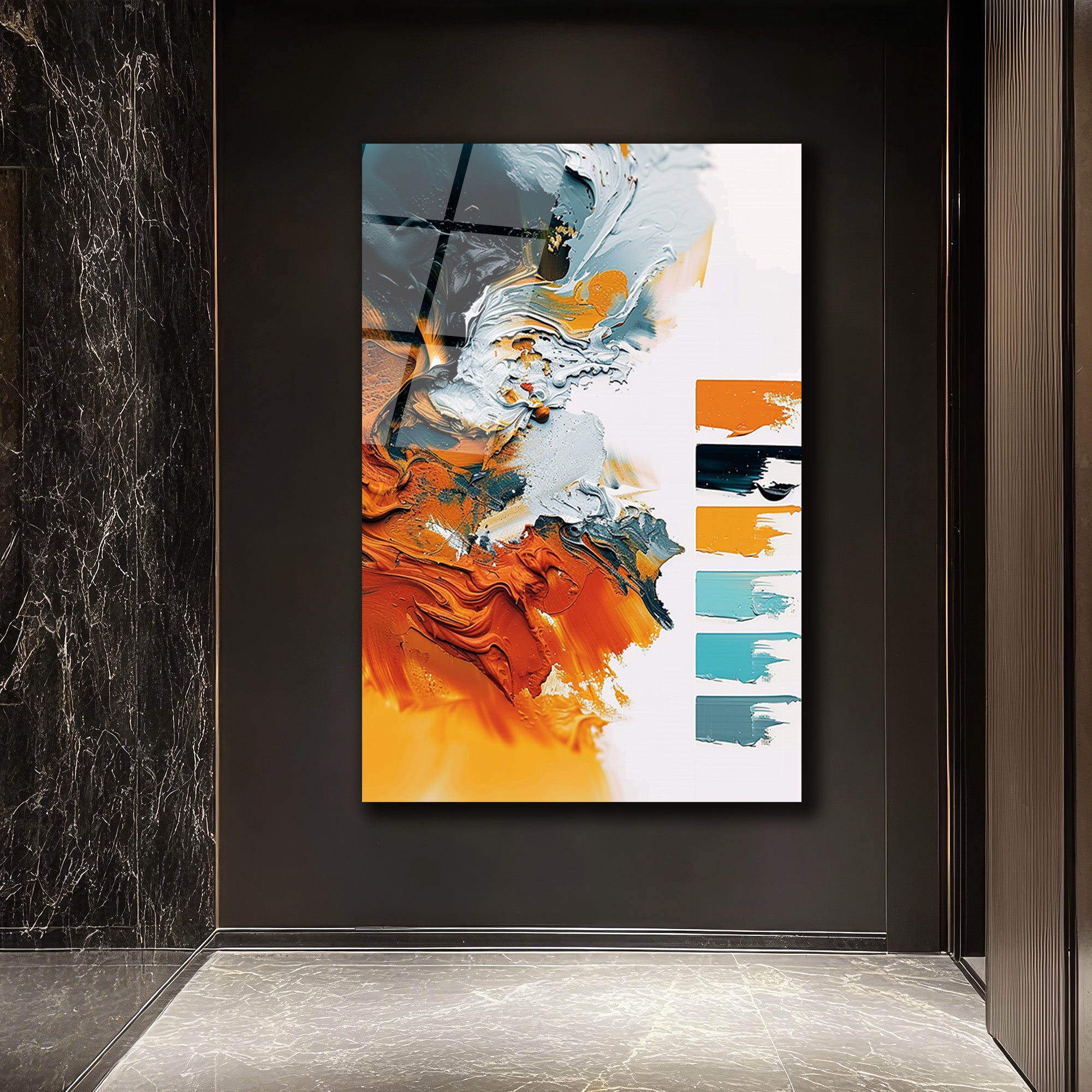 Enerjik Soyut Sanat Turuncu & Gri Modern Cam Tablo