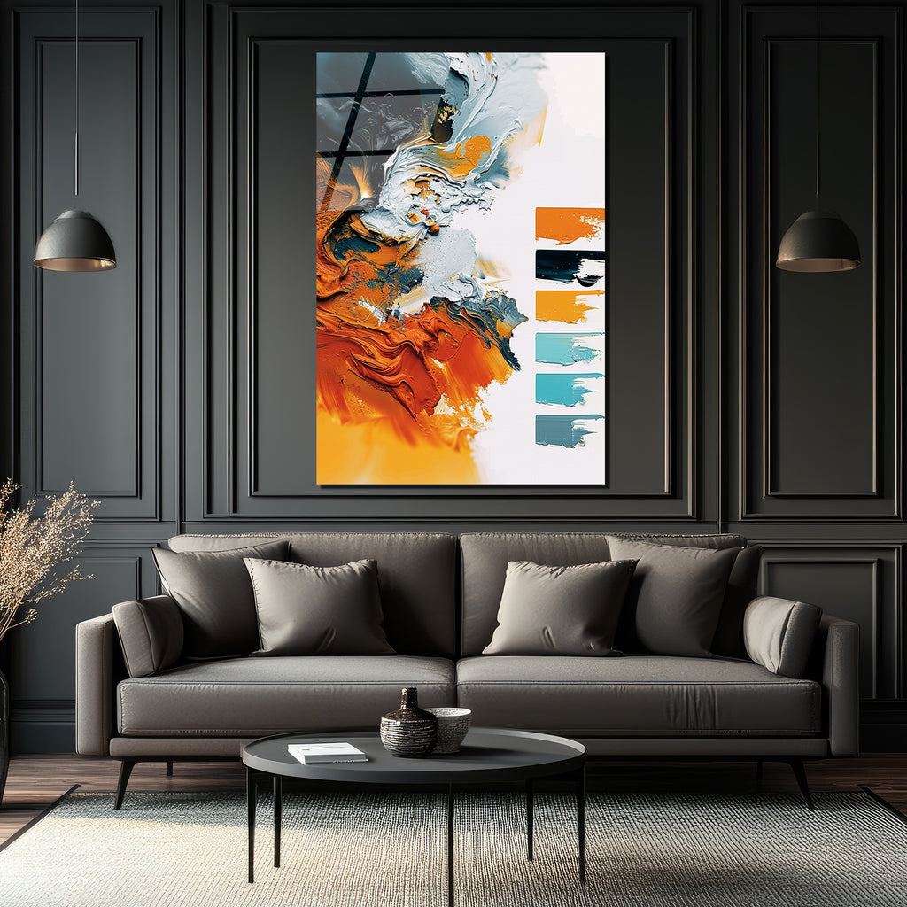 Enerjik Soyut Sanat Turuncu & Gri Modern Cam Tablo