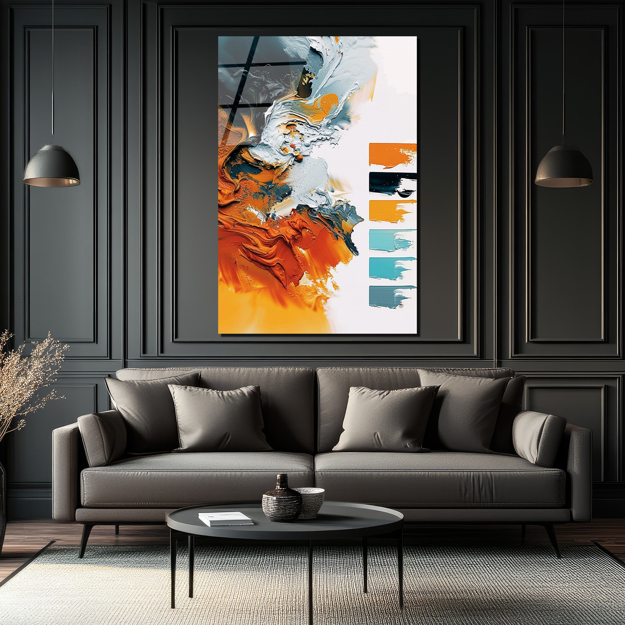 Enerjik Soyut Sanat Turuncu & Gri Modern Cam Tablo