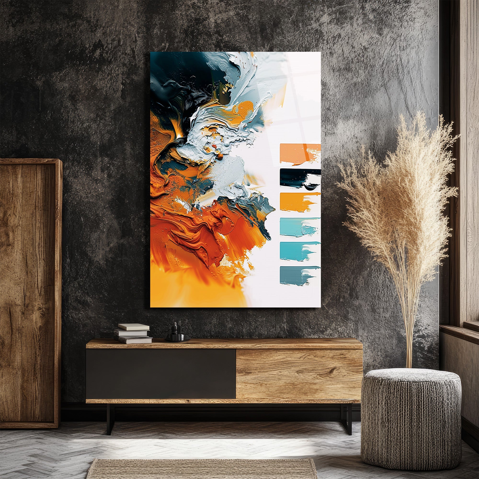 Enerjik Soyut Sanat Turuncu & Gri Modern Cam Tablo