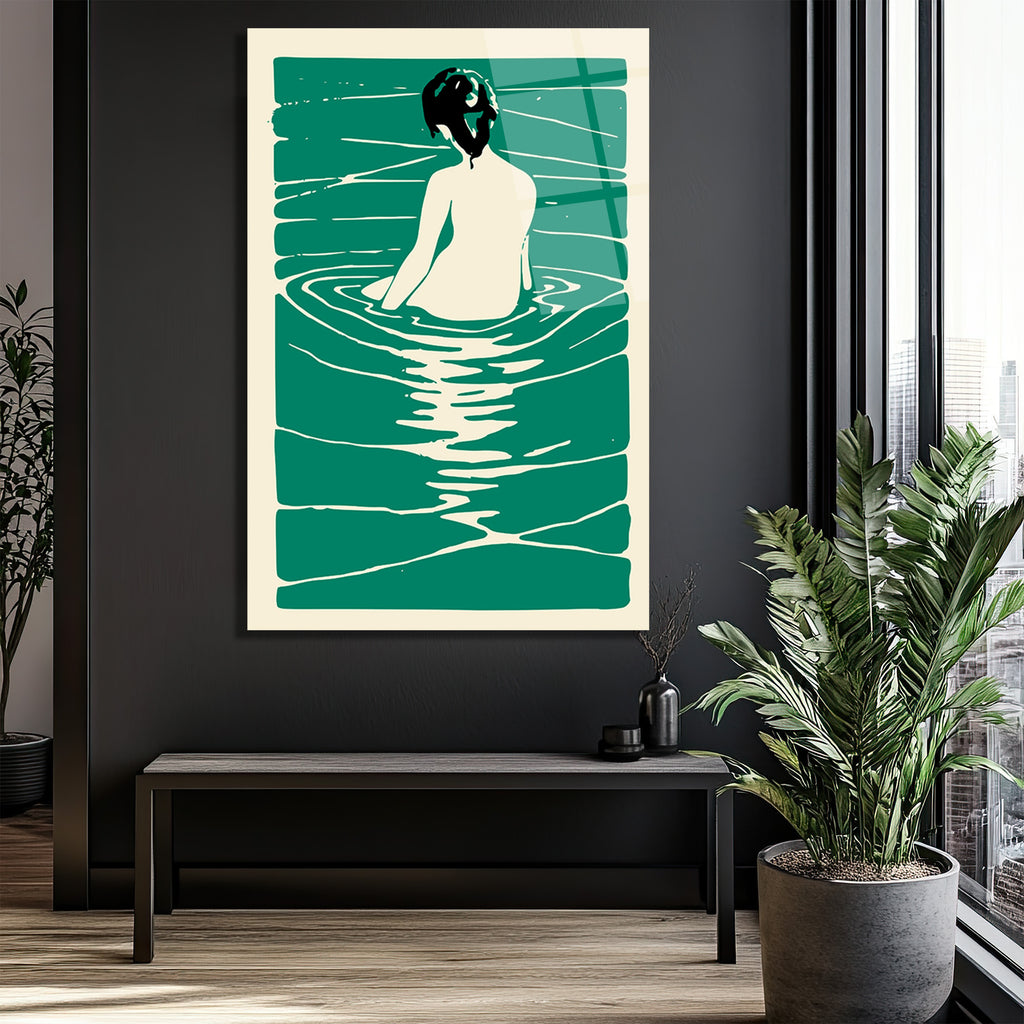 Sakin Sularda Yansıma: Minimalist Yeşil Cam Tablo