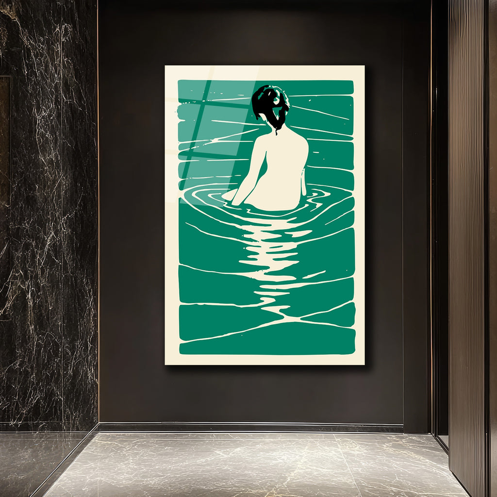 Sakin Sularda Yansıma: Minimalist Yeşil Cam Tablo