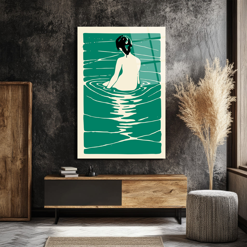 Sakin Sularda Yansıma: Minimalist Yeşil Cam Tablo