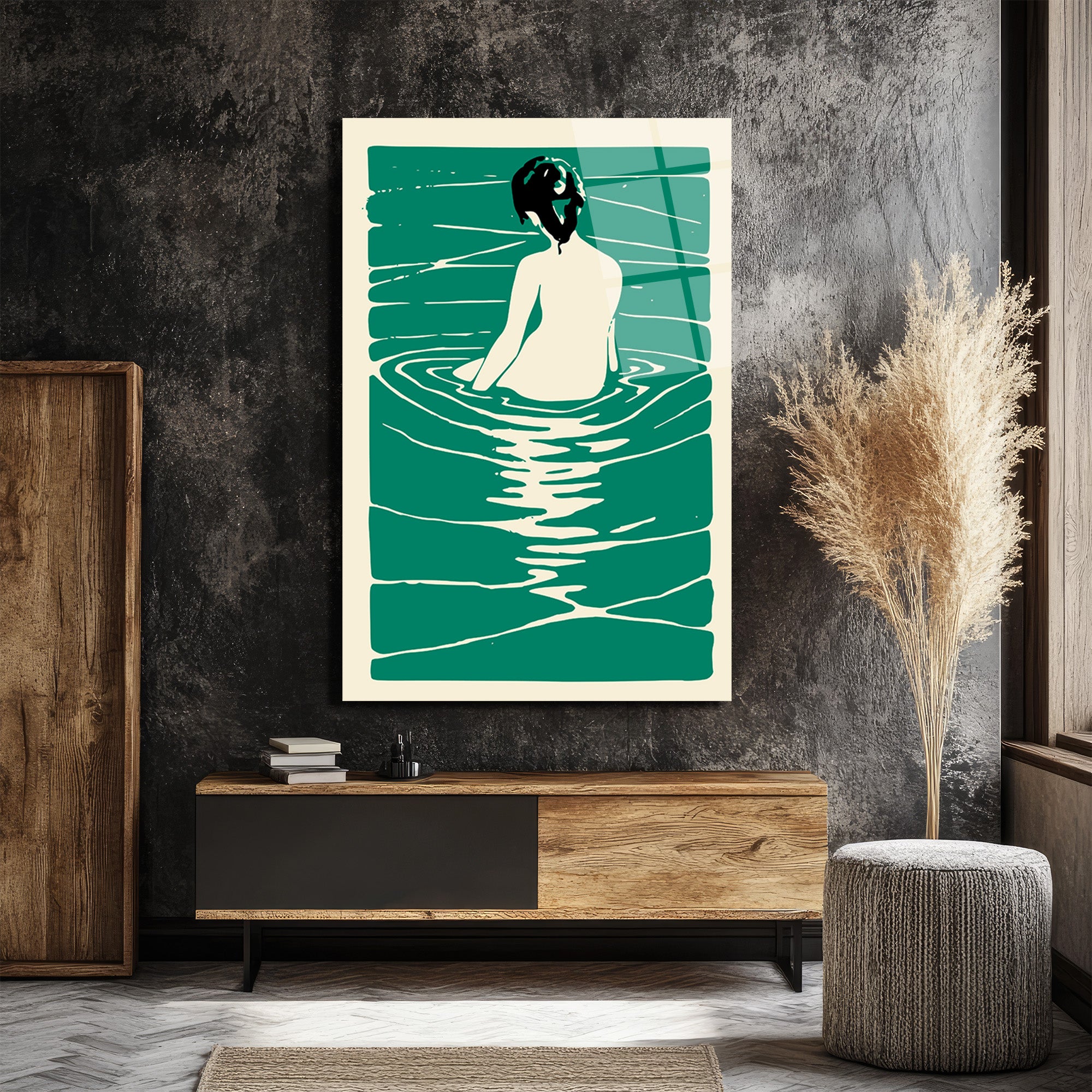 Sakin Sularda Yansıma: Minimalist Yeşil Cam Tablo