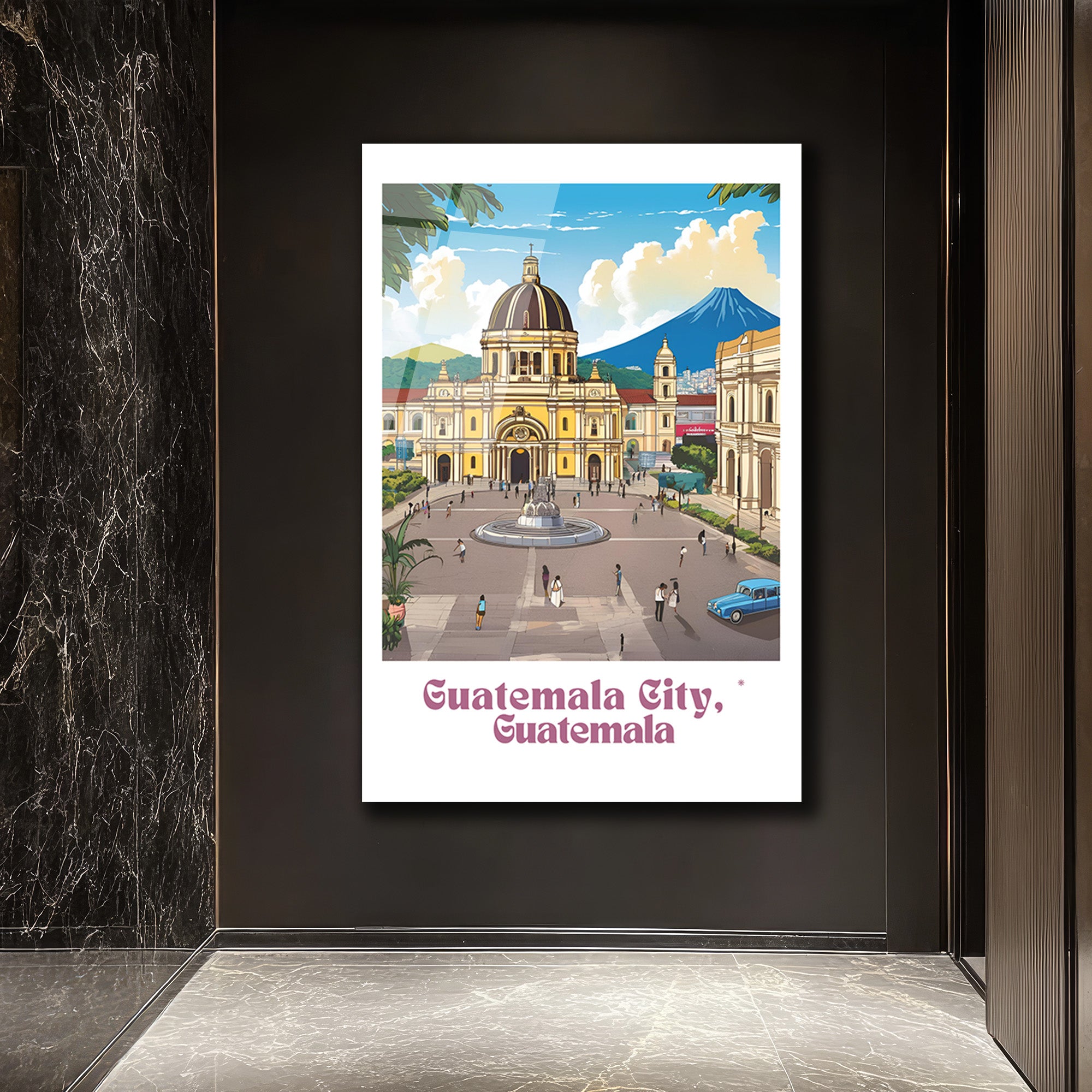 Guatemala Şehri Seyahat İllüstrasyonu Cam Tablo