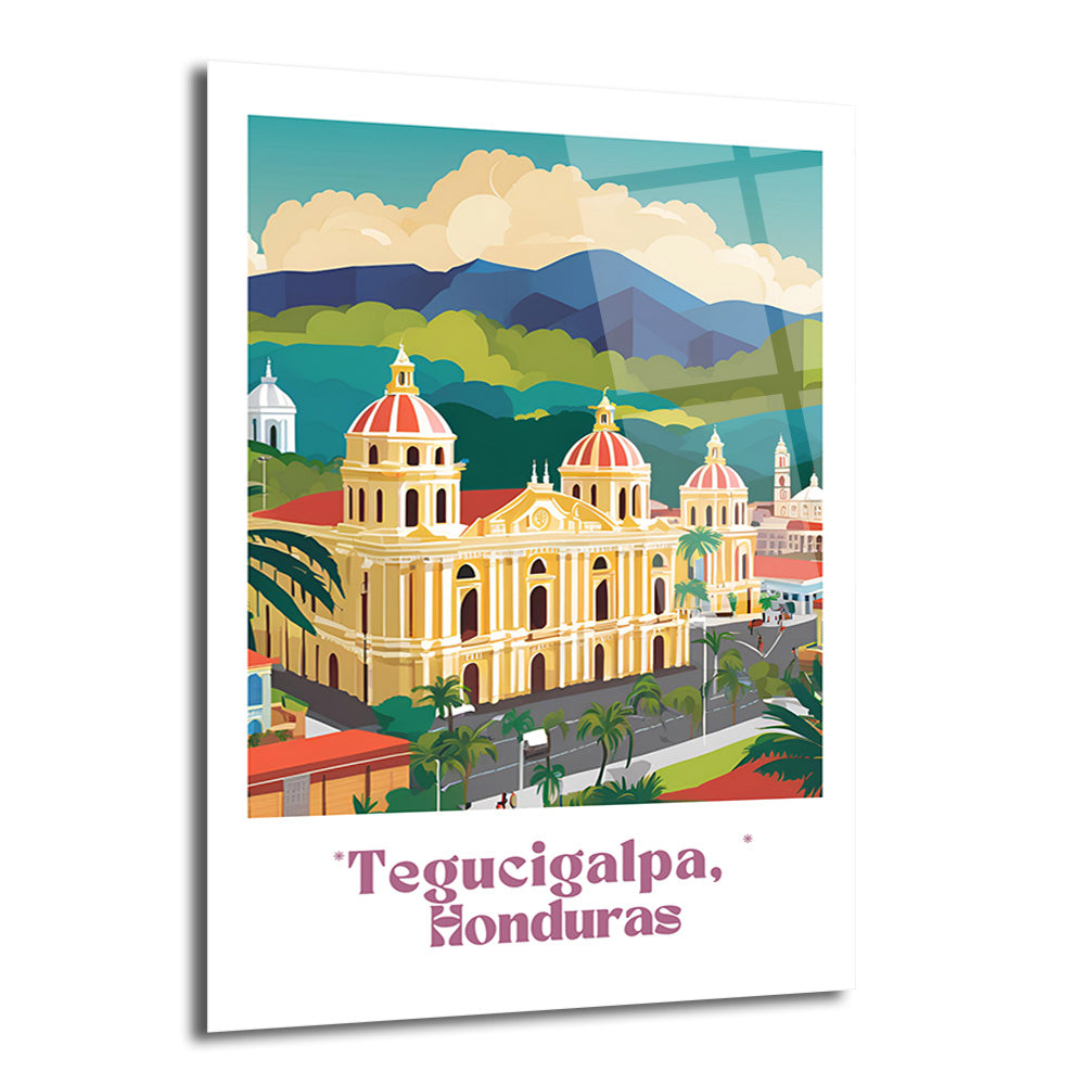 Honduras'ın başkenti Tegucigalpa'nın canlı illüstrasyon çizimi. Sarı renkteki katedralin kırmızı kubbeleri, palmiye ağaçları, yeşil tepeler ve bulutlu gökyüzü ile modern bir şehir manzarasını betimleyen cam tablo.