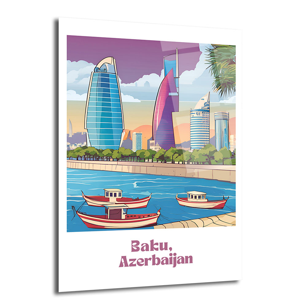 Bakü, Azerbaycan'ın modern gökdelenlerini ve nehirde yüzen geleneksel tekneleri gösteren, canlı renklerde stilize edilmiş bir şehir manzarası illüstrasyonu. Arka planda mor ve turuncu tonlarında bir gökyüzü, ön planda ise yeşil ağaçlar ve mavi sular yer alıyor.