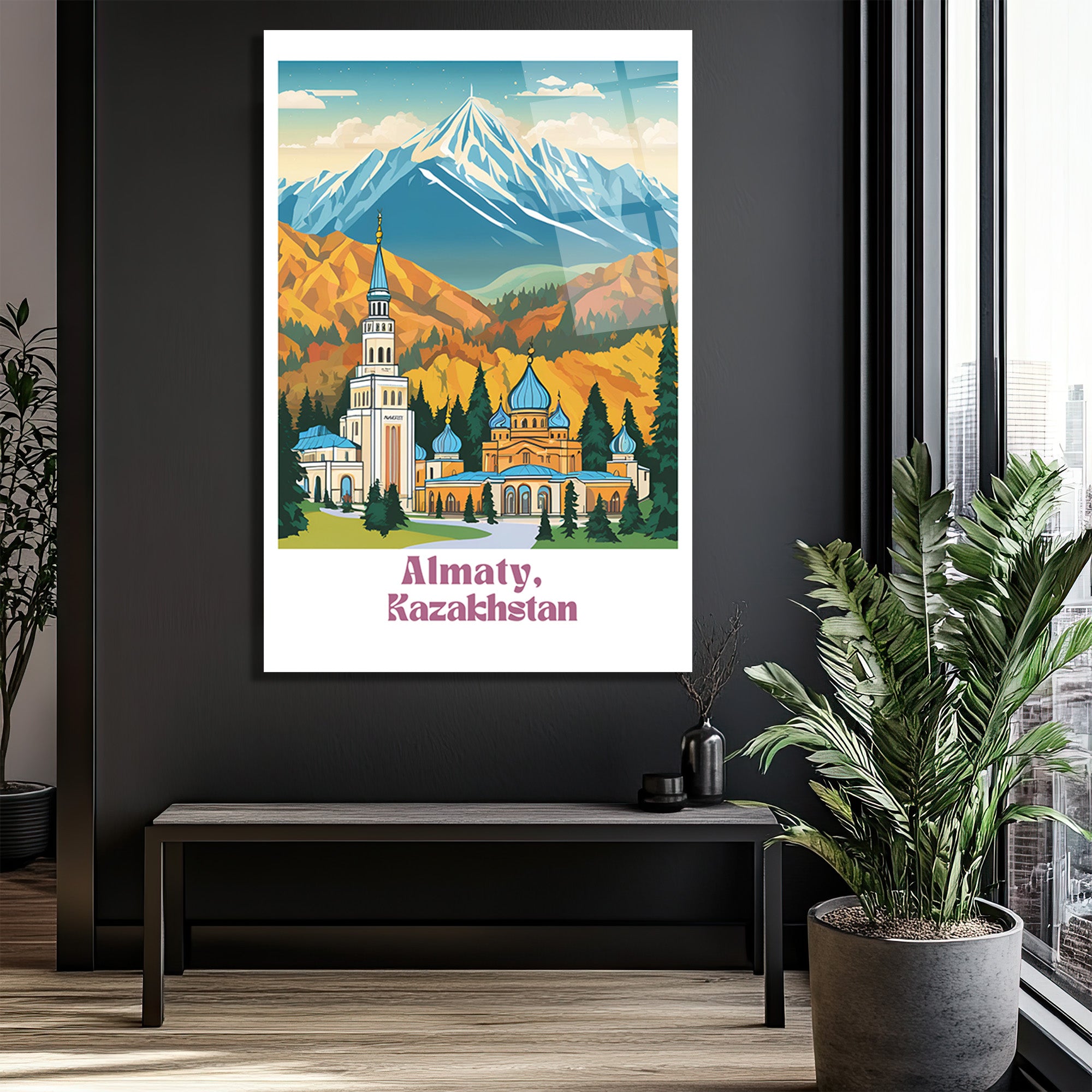 Almatı Kazakistan Karlı Dağlar Manzaralı Modern Cam Tablo
