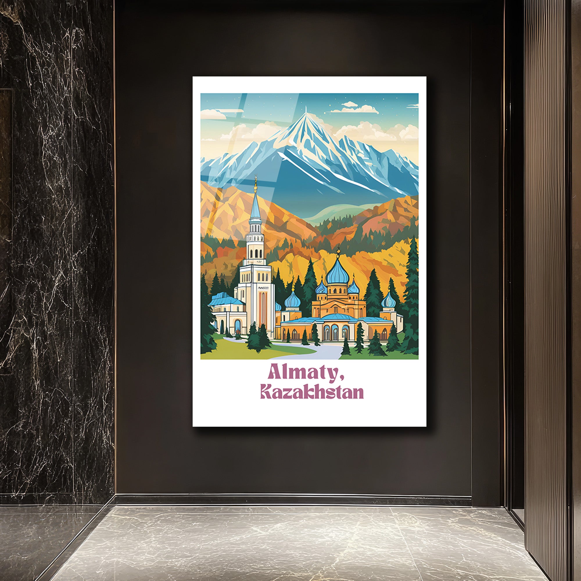 Almatı Kazakistan Karlı Dağlar Manzaralı Modern Cam Tablo