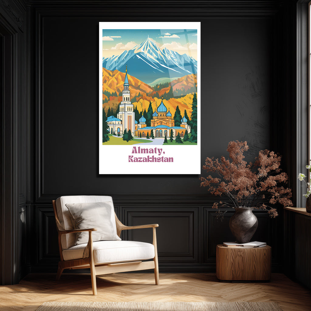 Almatı Kazakistan Karlı Dağlar Manzaralı Modern Cam Tablo
